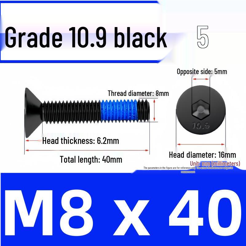 Black Anti-Slip Flat Cup Screw with Adhesive Blue Glue, Countersunk Hexagon Socket, Available in M2-M8 Sizes