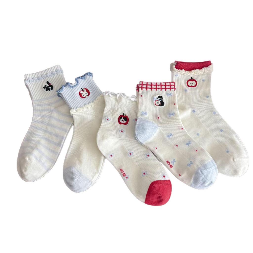 Spring-Summer Korean Style Red Embroidered Cartoon Cotton Ruffle Socks for Women