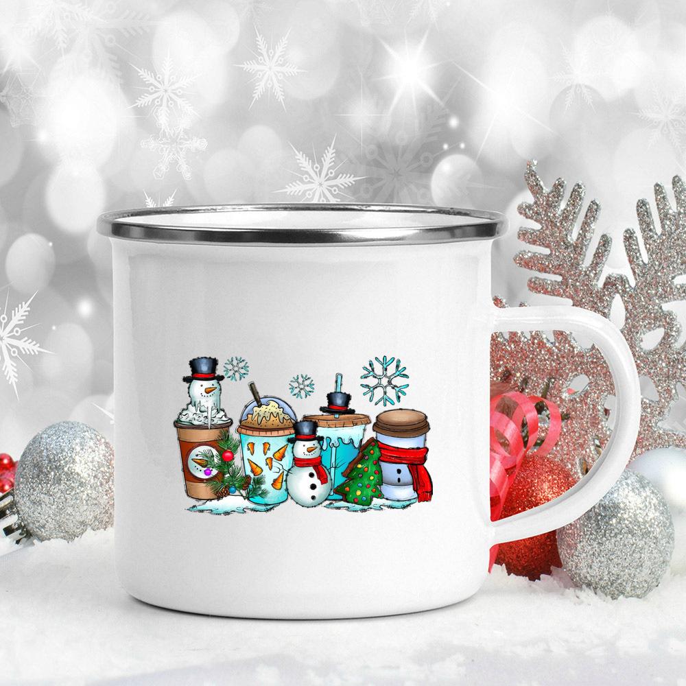 Deer Print Mug Enamel Coffee Milk Cups Hot Cocoa Chocolate Mugs Merry Christmas Cup Kitchen Party Decoration Winter Holiday Gift