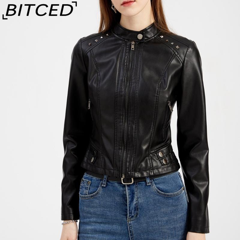 BITCED Women's Studded Leather Jacket Spring/Autumn Long-Sleeved Stand-Collar Fashion Jacket