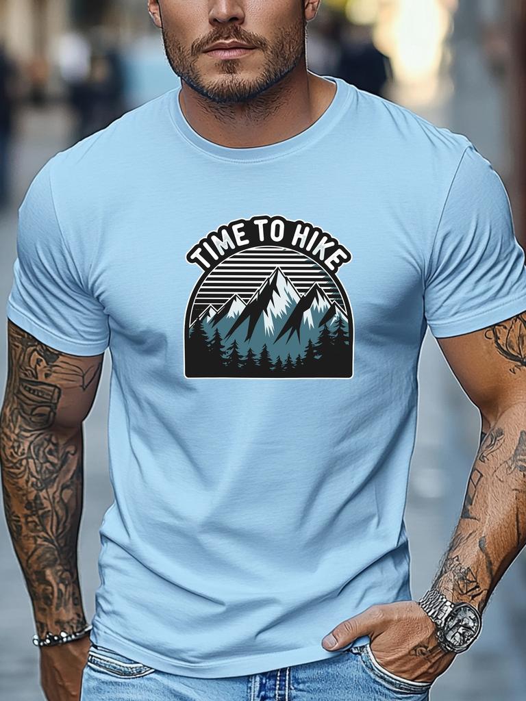 Mens Hiking TShirt Time To Hike Mountain Print Short Sleeve Round Neck Breathable Oversized Daily Wear TShirt