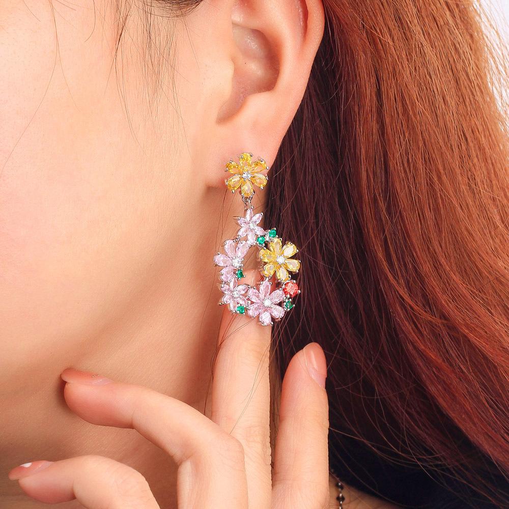 Color Diamond Flower Cluster Earrings, Needle Zircon Garden Forest Series Super Fairy Temperament Earrings