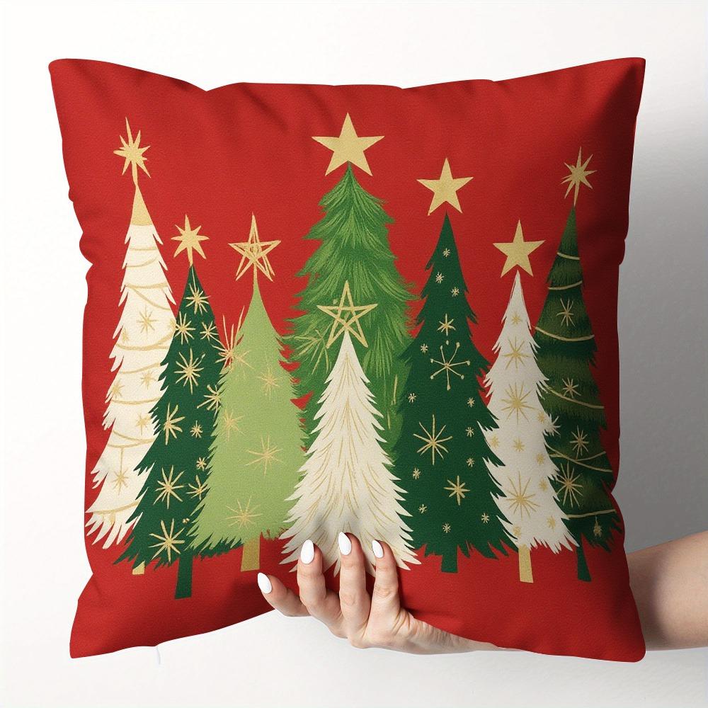 Red Background, Green and Gold Christmas Tree and Lattice Tree, Christmas Pillowcase, Super Eye-catching 2d Graphic Printing