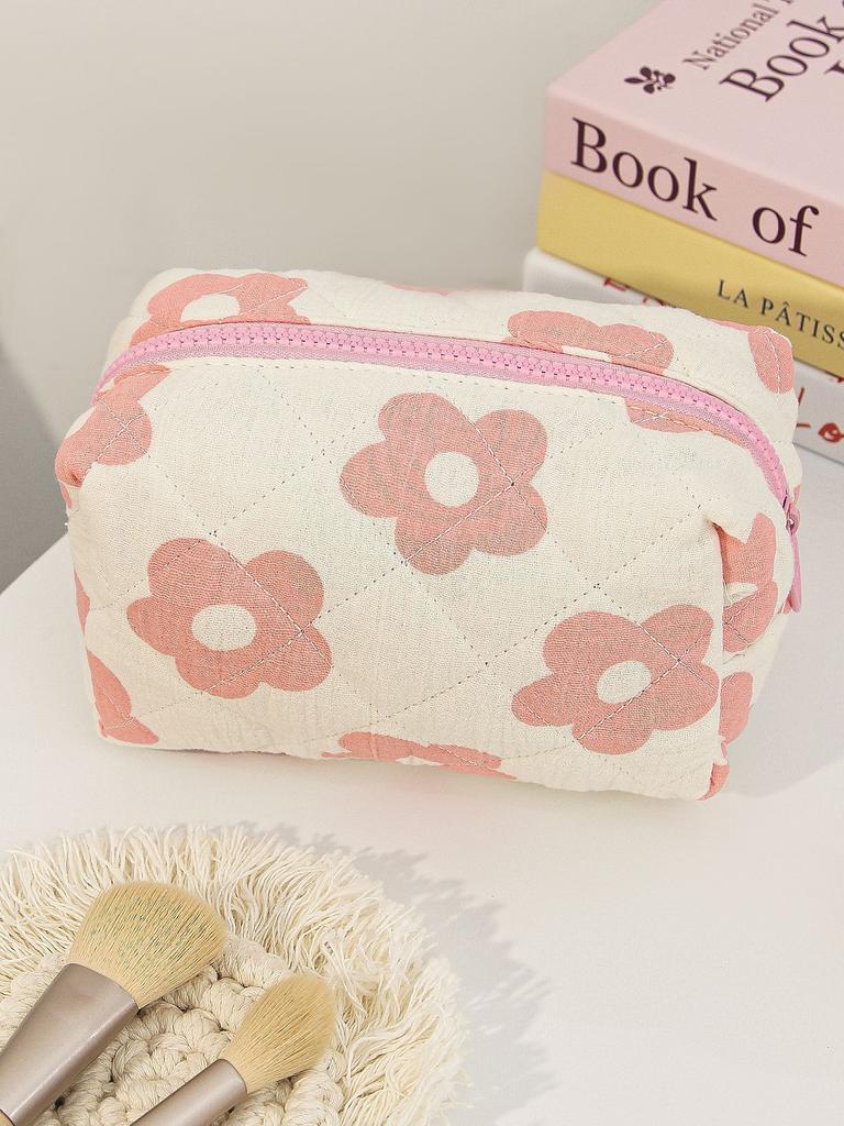 Floral Heart Print Cotton Makeup Bag For Women Travel Large Capacity Cosmetic Storage Bag Wash Pouch Student Stationery Pen Bag