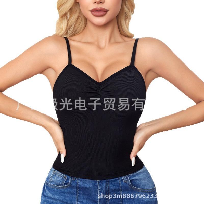 Women Ribbed Ruched Cami Top V Neck Spaghetti Strap Slim Fit Tank Top S чёрный