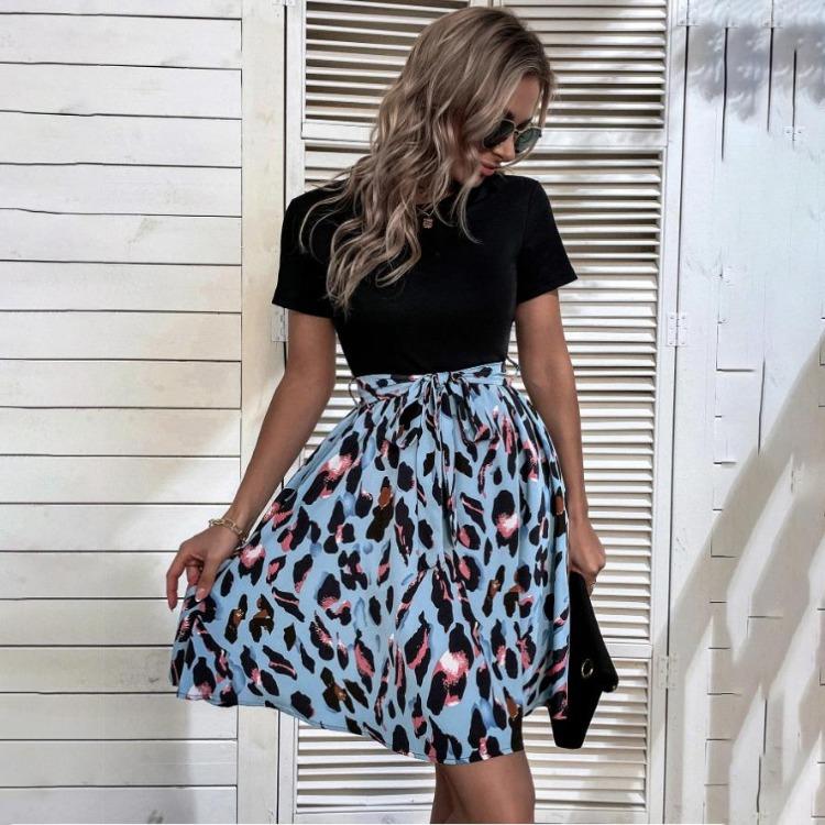 Leopard Print Women Dress with Bow Strap Summer Patchwork