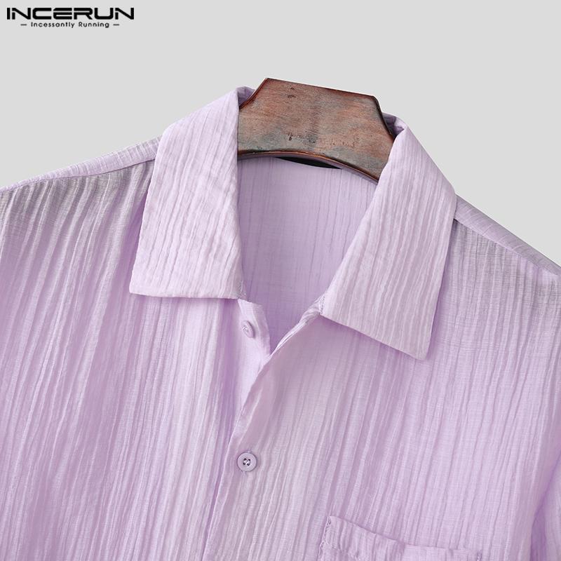 INCERUN Herren Sommer Reverskragen Halbtransparent Einfarbig Textur Lässige Hemden