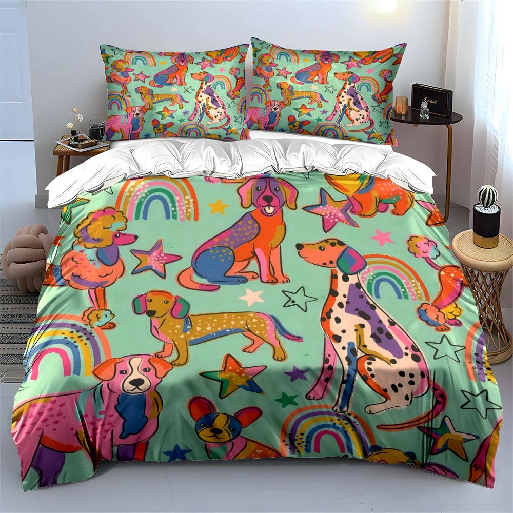 Colorful Dog Print Decoration Set Bedding Set with 1 Duvet Cover 2 Pillowcases Single Double King Queen, Gift