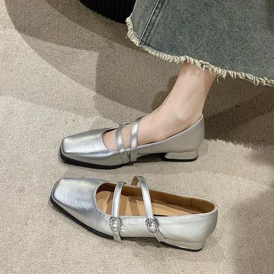 Spring Autumn Silver French Square Toe Women's Shoes Elegant Double Buckle Strap Mary Jane Shallow Shoe Retro Pumps