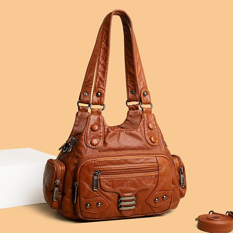 Washed Leather Women's Bag Handbag Retro Fashion Rivet Soft Leather Tote Bag Multi-pocket Large-capacity Messenger Bag