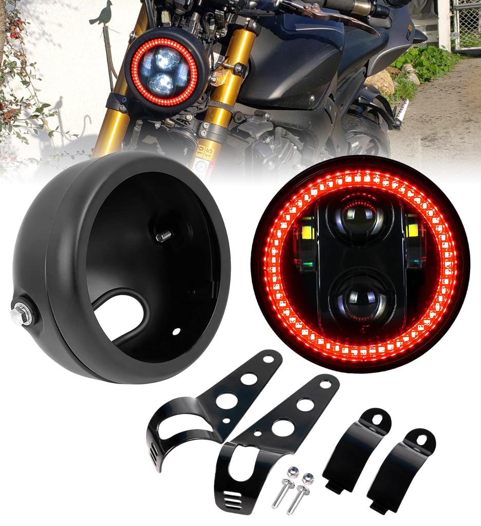 HENGTUAOTO LED Headlight with Red Halo Headlight Housing Bucket with Mounting Compatible with Shadow Rebel Cafe and Cruiser 5.75" Ring, Bracket, 750,