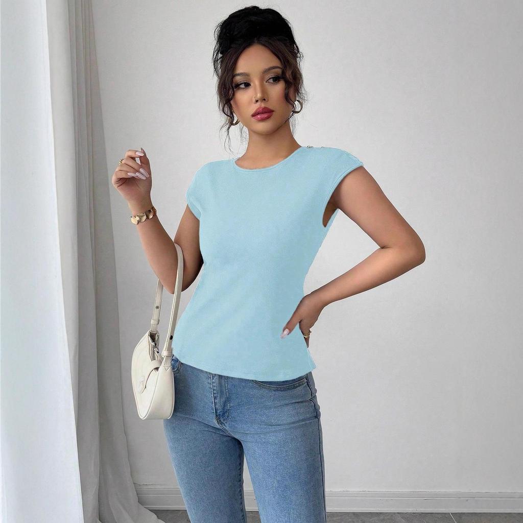 European-American Fashion Women's Solid Color Slim Fit Round Neck Short Sleeve Bodycon T-shirt