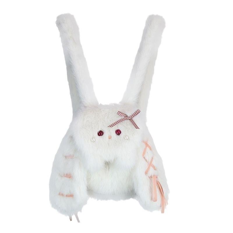 Bunny Eared Long Small Pearl Drawstring Tie Cartoon Plush Doll Backpack For Girl