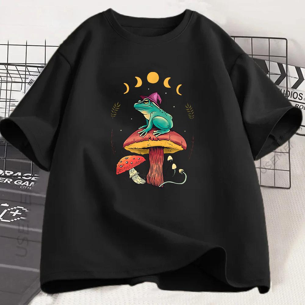 Cottagecore Frog Mushroom Graphic Tshirt Aesthetic Wizard Frog Print Tee Summer Short Sleeve Mystic Fashion Top For Unisex