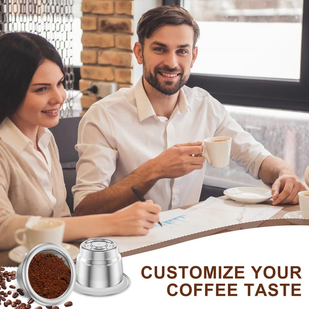 6Pcs Nespresso Coffee Capsulas Stainless Steel Reusable Nespress Coffee Capsule Refillable Coffee Filters Cup with 100 Foil Lids