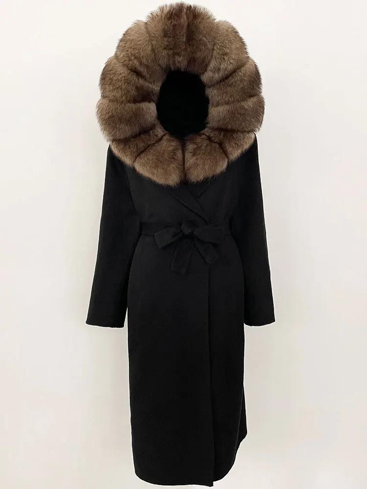 OFTBUY Winter Women Coat Real Natural Fox Fur Hooded Detachable Collar Double-faced Woolen Jacket Long Casual Elegant Overwears