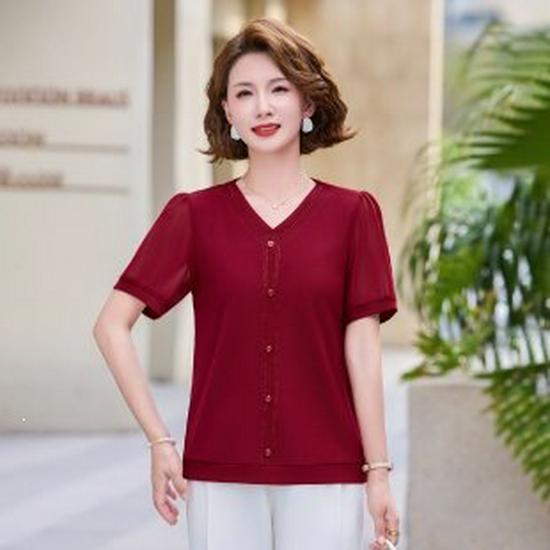 

2026 Elegant Short-Sleeve Top for Petite Moms: New Fashion Style for Middle-Aged and Elderly 2XL