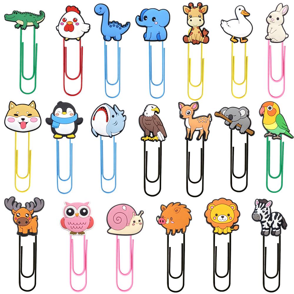 20 Cute Cartoon Animal PVC Paper Clips - U-Shaped Large Clips and Bookmarks for Office Supplies
