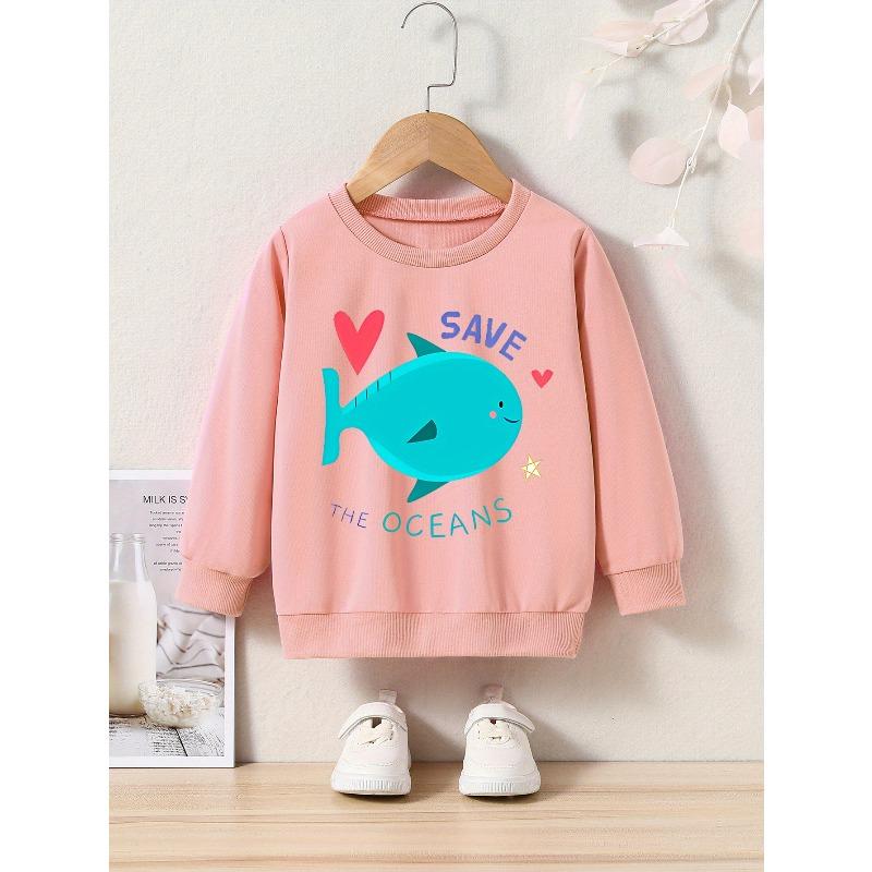Crew Neck Sweatshirt with Cartoon Fish Print, Casual Alphabet Applique, Slight Stretch, Regular Fit for Spring/Fall