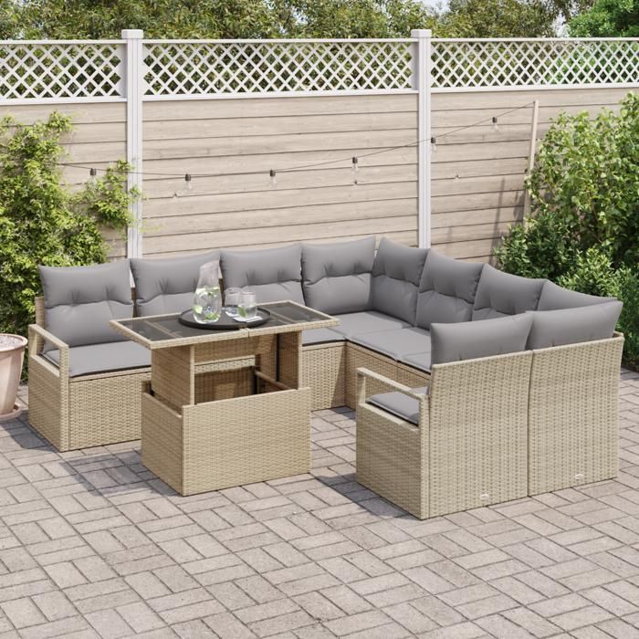 Ensemble de Canapés de Jardin vidaXL 9 Pièces avec Oreillers Beige Poly Rattan, Canapé de Jardin 2 Places vidaXL348796