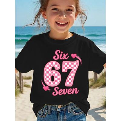 Europäische Größen Mädchen Kurzarm-T-Shirt Kompatibel - Süßes Herz & Zahl Aufdruck Sommerbluse, Rundhals Freizeit-Oberteil für Mädchen