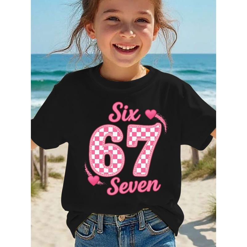 

European sizes Girls Short Sleeve T-Shirt Compatible - Cute Heart & Number Print Summer Blouse, Round Neck Casual Top for Girls 164cm чорний