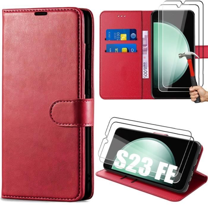 Coque de protection - PROSHOP - pour Samsung Galaxy S23 FE - Rouge - Simili Cuir - 2 Verres Trempés