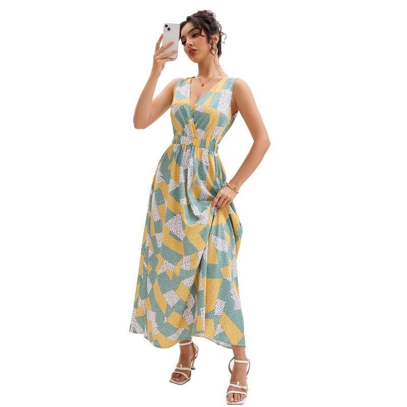 Summer Fashion Print Sleeveless V-neck Women Dress Swing Dress