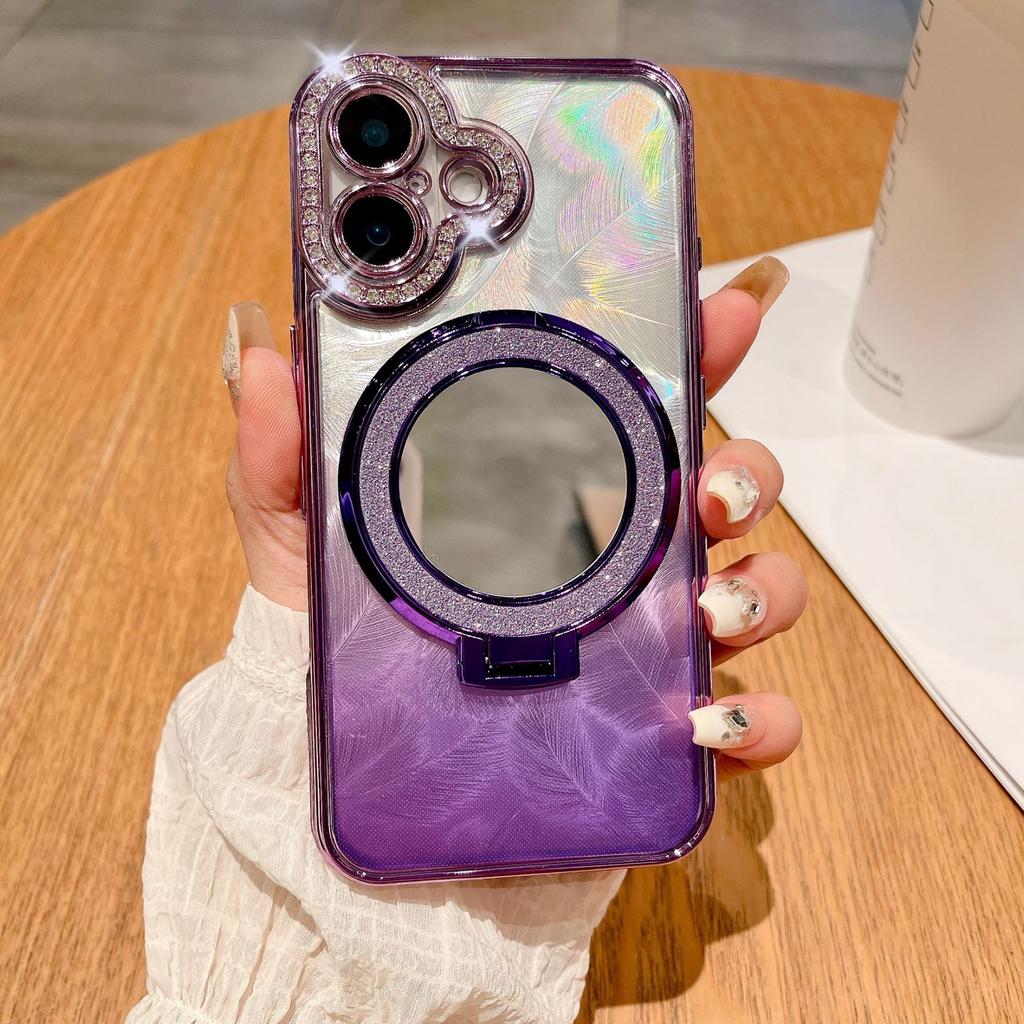 The Glass Mirror Surface Magnetic Stand Is Suitable for Iphone16 Phone Cases, Apple 15promax Luxurious Gradient Feather 14