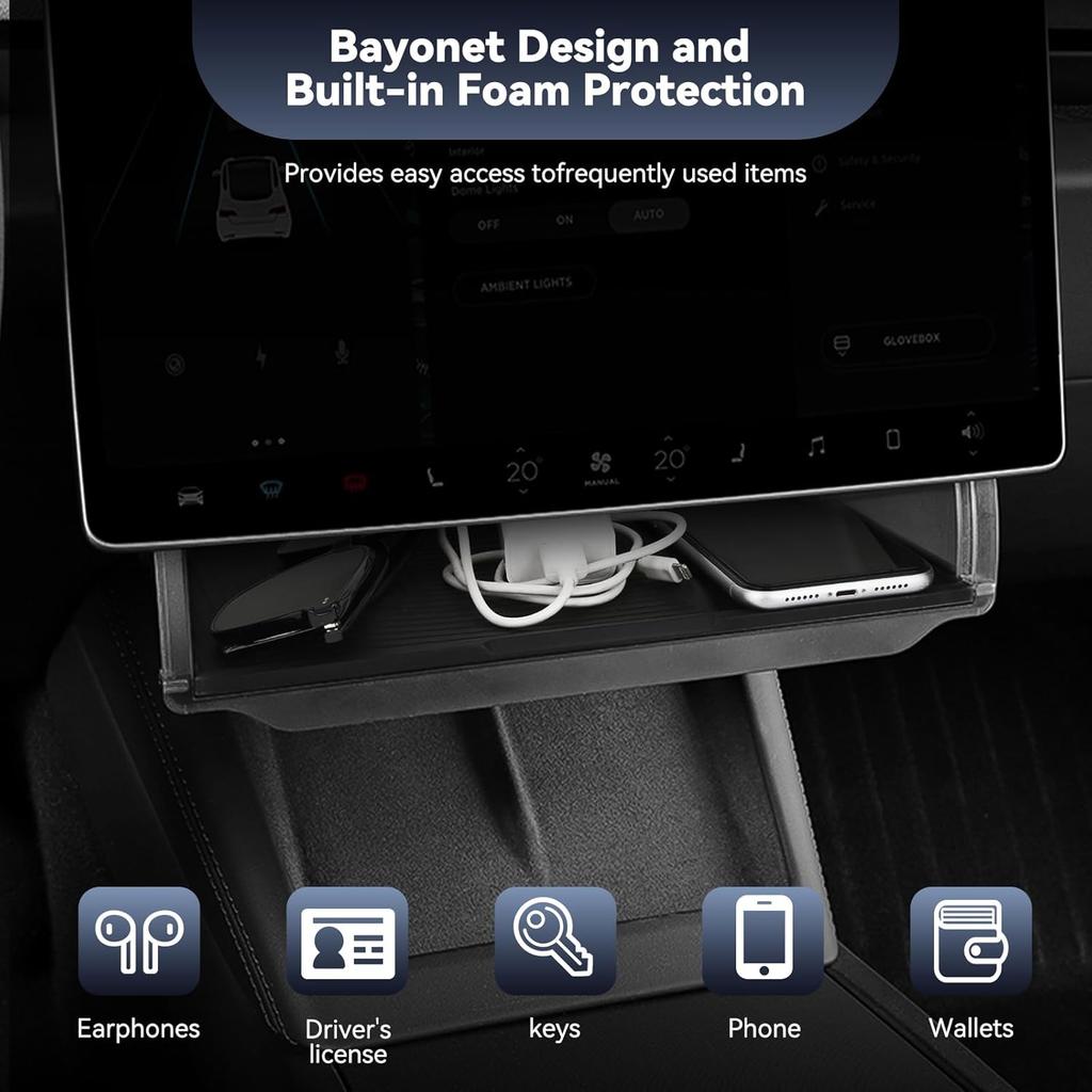 2025 Upgrade Under Screen Storage For Tesla -2025 Model Y - Model 3,Open And Close Center Console Organizer Tray With Anti-Slip Silicone Pad For