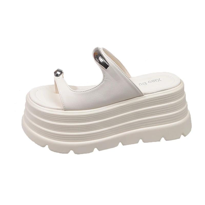 Fashion 2025 New Summer Platform Wedges Slippers 8CM Heels Peep Toe Sandals Ladies Beach Flats Shoes Women Moccasins Leather Flip Flops