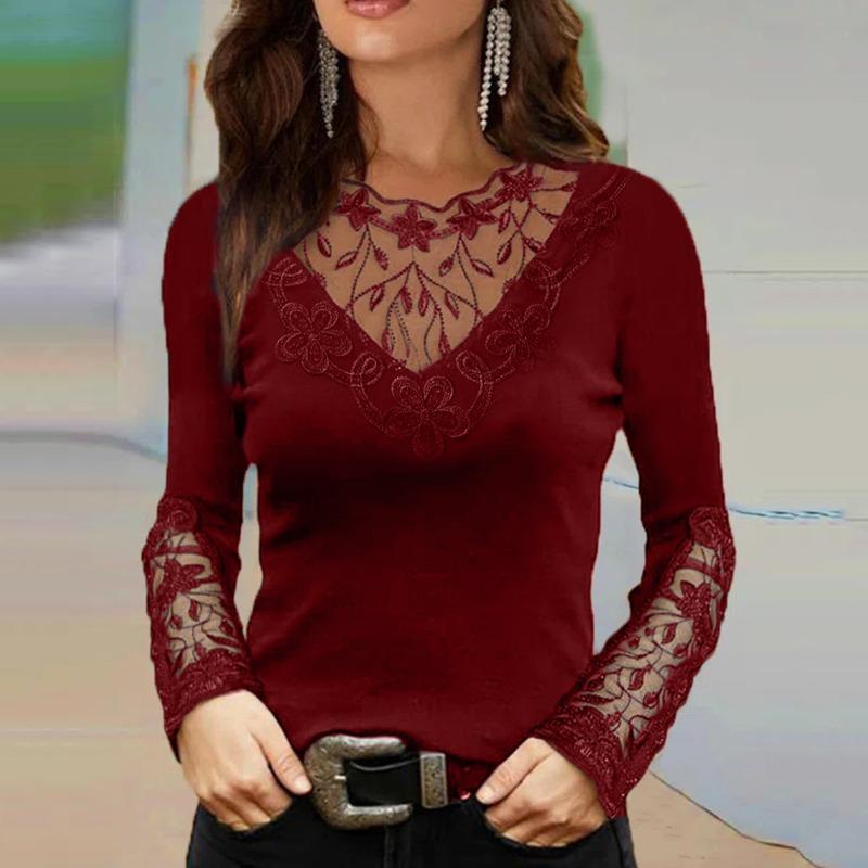 Spring and Autumn New Women's Fit Sexy Deep V Lace Collar Lace Long Sleeve T-Shirt