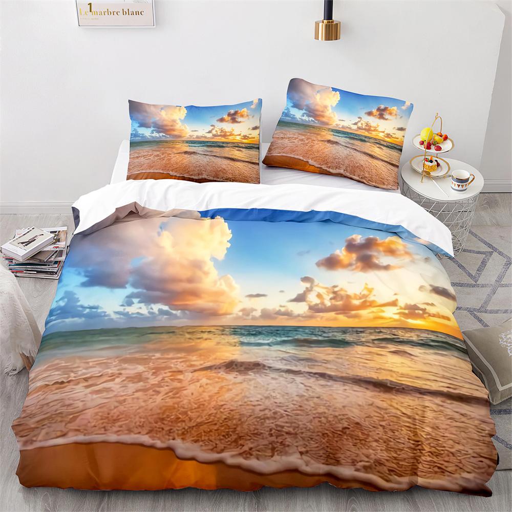 Beach Ocean Duvet Cover Set Sunset Hawaiian Waves Comforter Cover Tropical Island and Sea Beach Nature Polyester Bedding Set