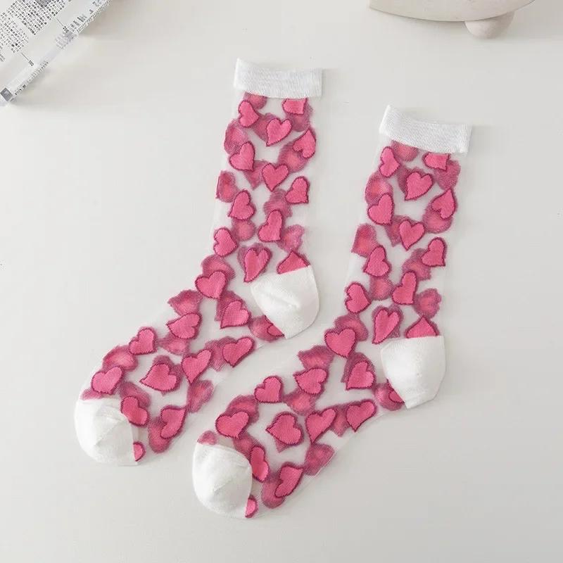Summer Woman Socks Japanese Style Sweet Crytal Glass Silk Socks Heart Print Ultra-thin Transparent Girls Kawaii Cute Long Socks