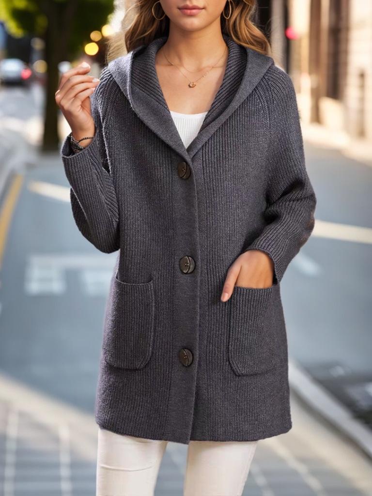 Women's Mid-Length Hooded Knit Cardigan - 2024 Autumn/Winter Casual Solid Thick Sweater Coat