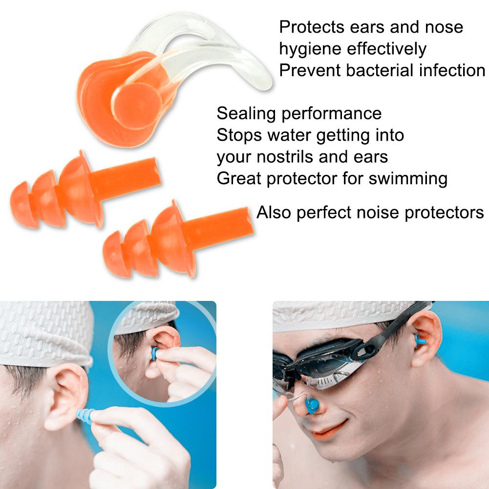 4 Stück Wasserdichte Weiche Silikon Schwimm-Ohrstöpsel Ohrenschützer Nasenklammern Klemmen Set Werkzeuge(Orange)