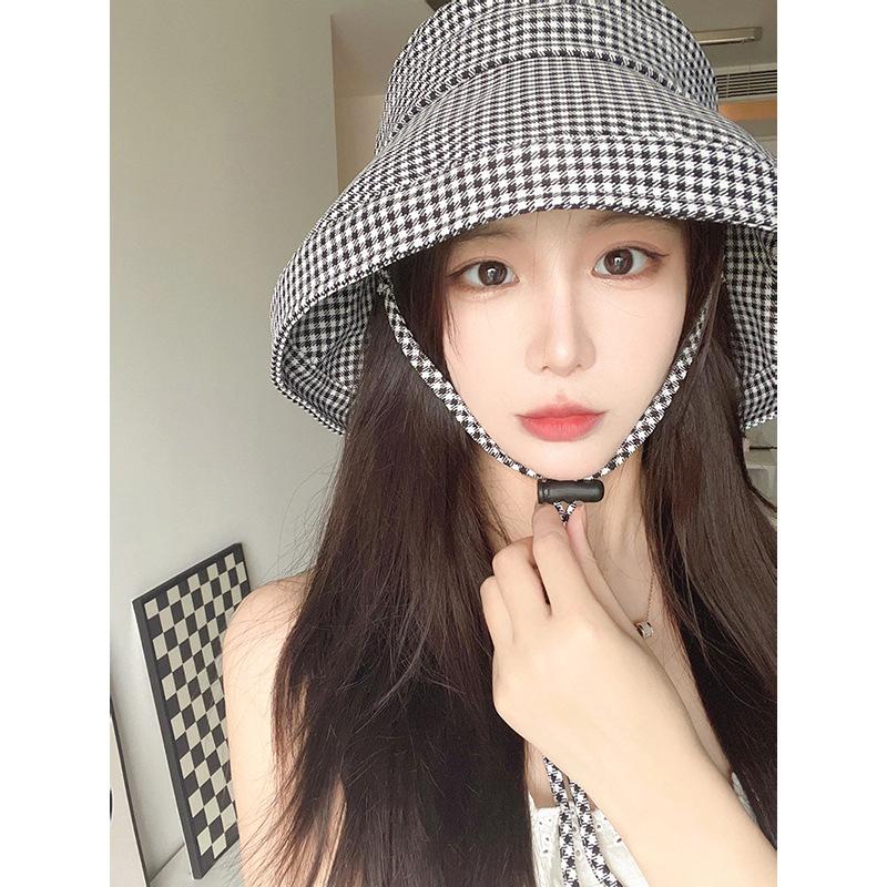 Fashionable Bucket Checkered Hat For Women Adjustable Size Uv Protection Cap Summer