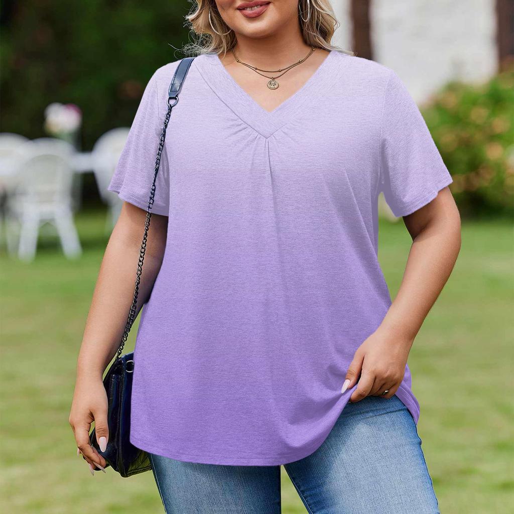 Damska Modna Codzienna Luźna Bluzka Plus Size z Krótkim Rękawem Elegancka z Dekoltem V Do Pracy