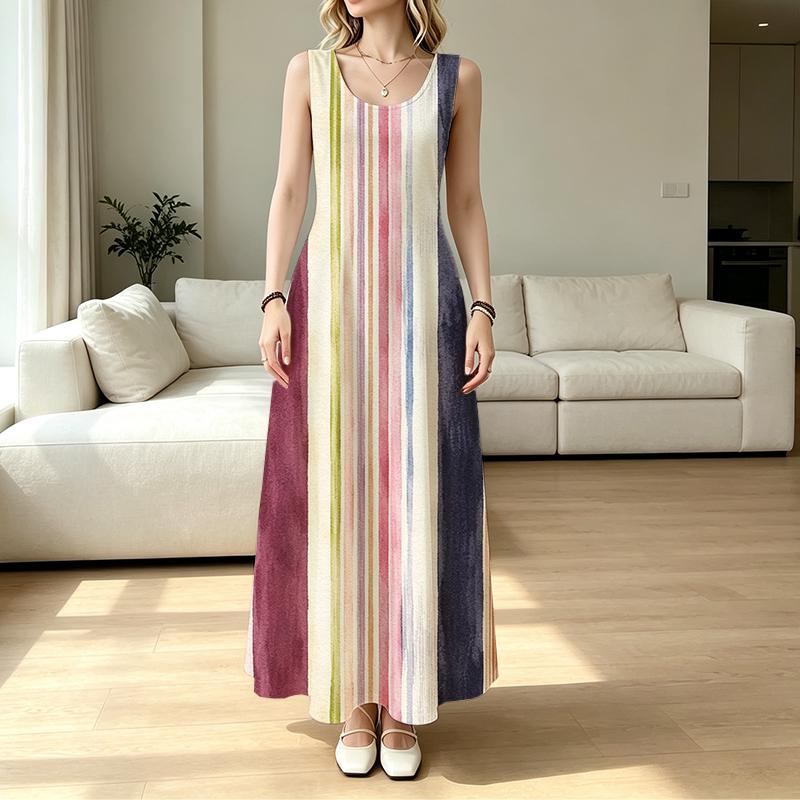 Women's Vibrant Striped Sleeveless Long Maxi Dress,Comfortable Summer Casual Versatile Dress for Beach Vacation & Daily Wear