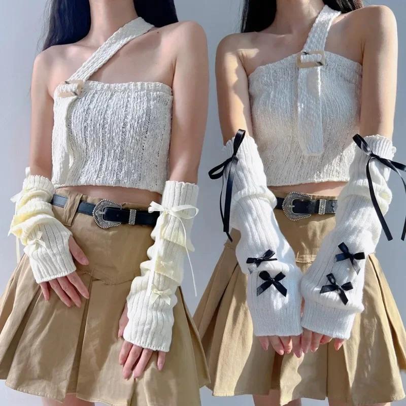 Female Y2K Fashion Arm Warmers Bowknot Soft Knitted Gloves Women Girl Half Finger Mittens Solid Color Thicken Arm Sleeves