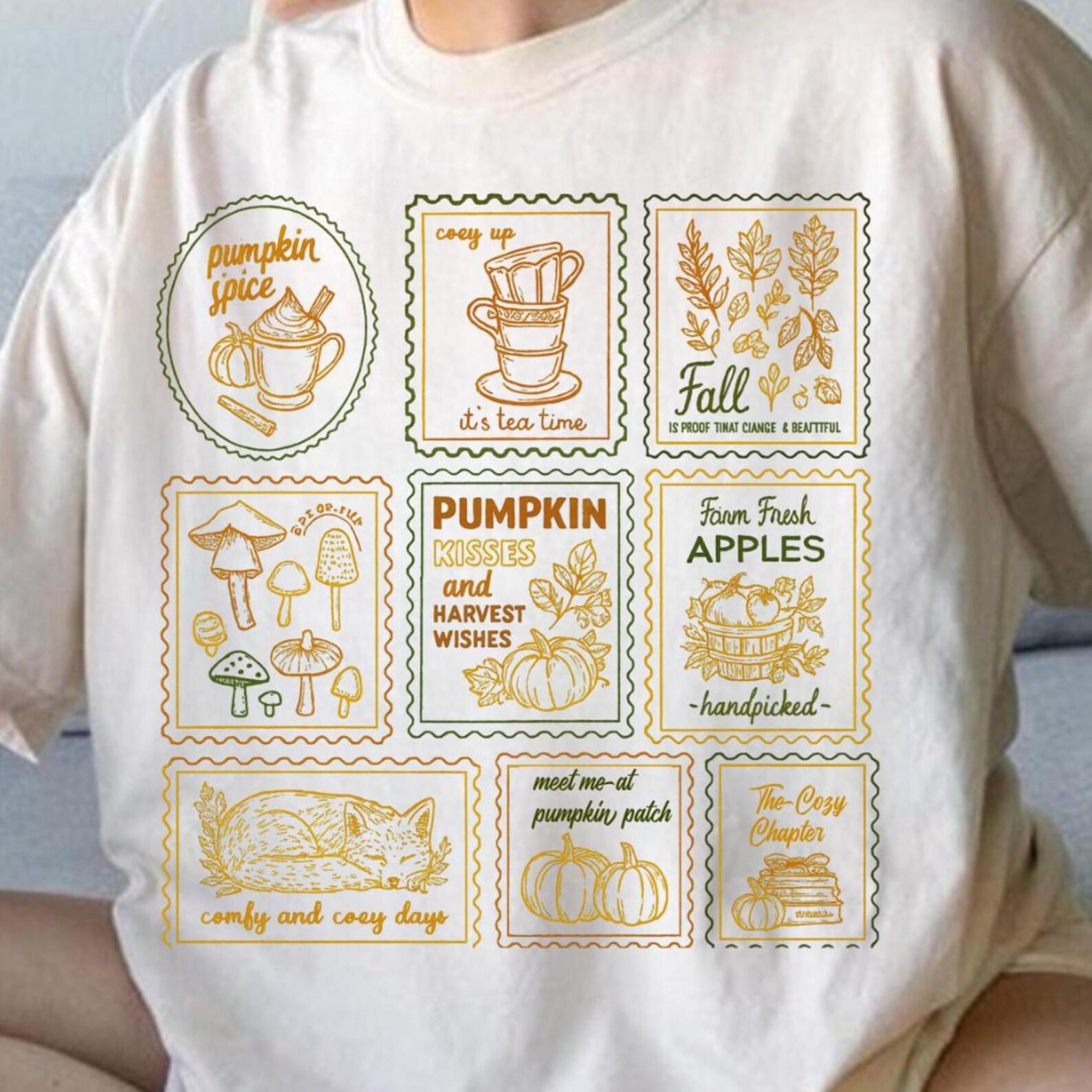 Fall Postage Stamp Shirt, Cottagecore Fall Tee, Autumn Forest Mail Shirt, Vintage Stamp Fox Pumpkin Cozycore Aesthetic Tee, Cute Fall Shirt M