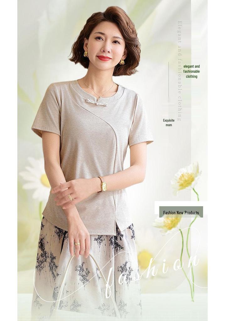 Elegant Summer 2026 Midi Skirt and Short-Sleeved T-Shirt Set for Middle-Aged and Elderly Women