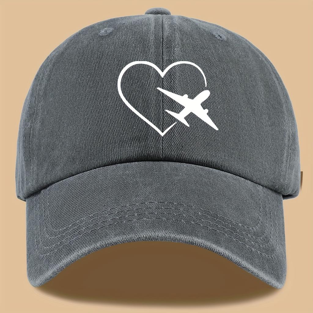 Heart & Plane Print Hip-Hop Dad Hat Adjustable Washable Baseball Cap Outdoor Adventure Cycling Sun Protection Hat