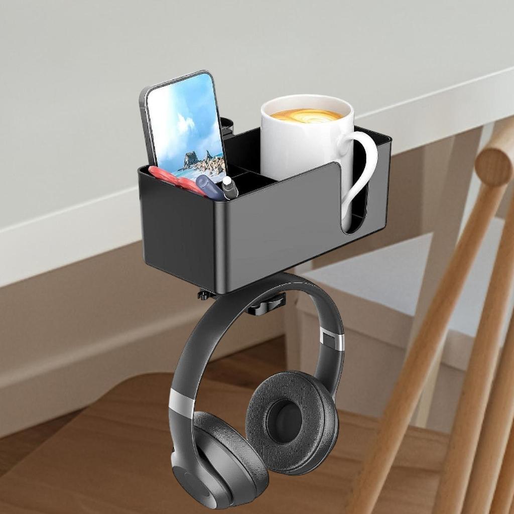 Phone Pen Storage Box 4 in 1 Desk Cup Holder Clamp on Under Desk Headphone Hanger for Workstation Coffee Mug Dorm NightStand