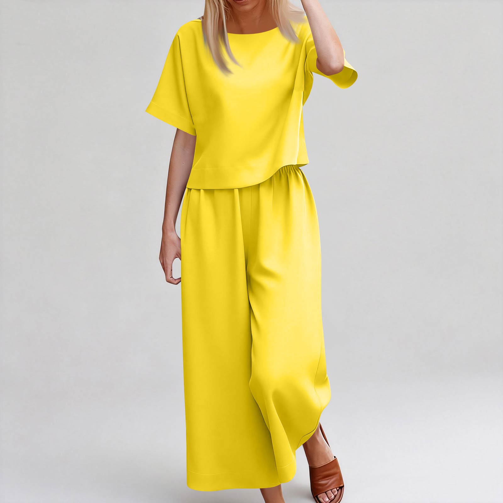 

Women s 2 Piece Fashionable Casual Short Sleeve Cropped Pants Set XL жовтий