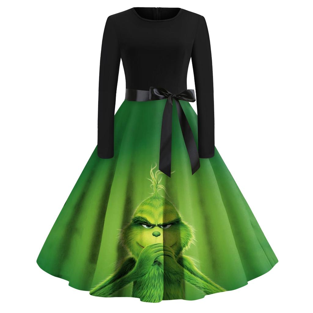 Women's Fashion Crew-neck Christmas Print Long-sleeved Casual Dress