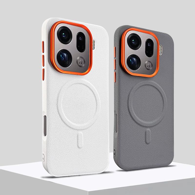 Funda de Teléfono Móvil de Cuero Liso con Succión Magnética FindX9 para Oppo Find X9 Pro Pantalla Curva+Lente de Metal+Carcasa Dura Integral