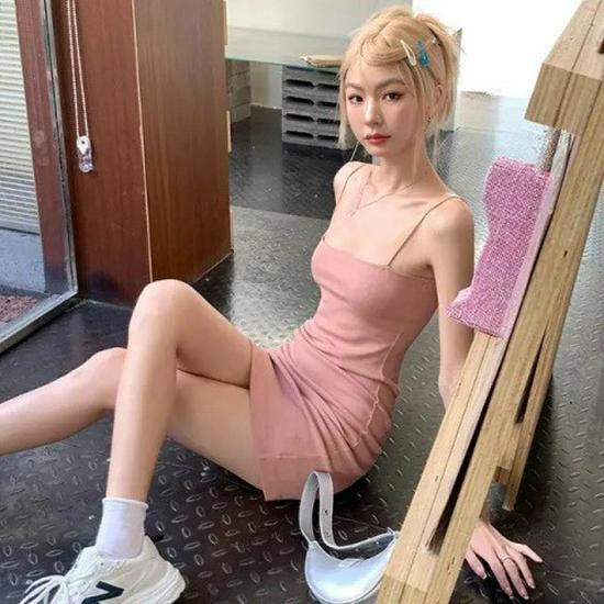 Pink Spicy Chic French Spaghetti Strap Dress - Women s Elegant Slim Fit XXL розовый