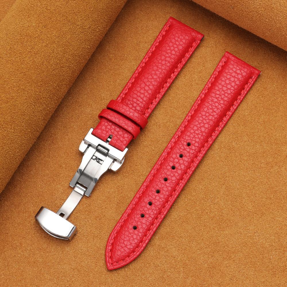 12/14/16/18/19/20/22mm Kalvskinnsklockarmband Litchimönstrad Rem Äkta Läder Armbandsurrem Fjärilsspänne Klocktillbehör