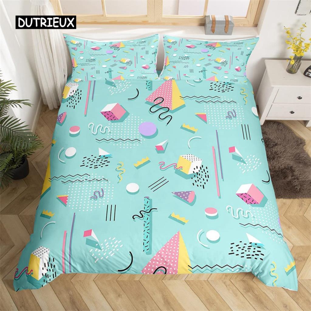 Psychedelic 3D Geometric Duvet Cover Microfiber Colorful Pop Abstract Art Comforter Cover Retro 80s Style Bedding Set Queen Size